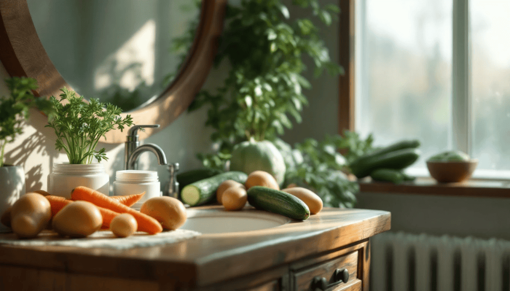 Des légumes déclassés (carottes biscornues, courgettes tordues) à côté de produits cosmétiques élégants et colorés, comme des savons ou shampooings solides.