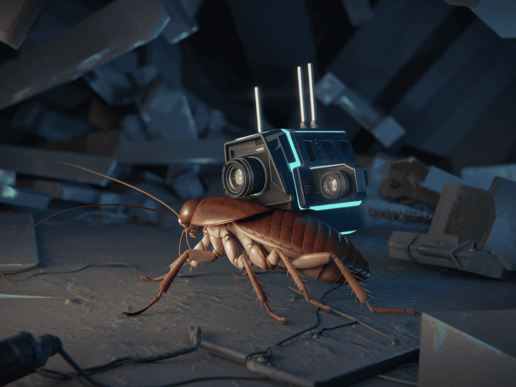 insecte robot au milieu des décombres, à la recherche de rescapés