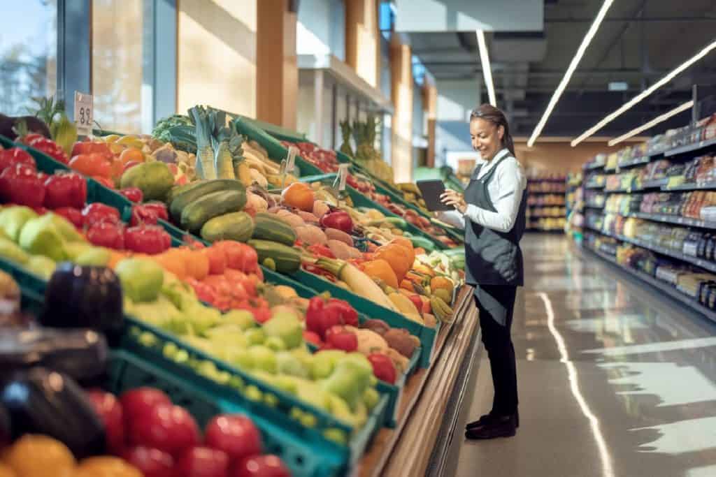 Un rayon de supermarché fruits et légumes et frais en avant-plan. En arrière-plan, un employé souriant, tablette en main, ajustant les stocks.