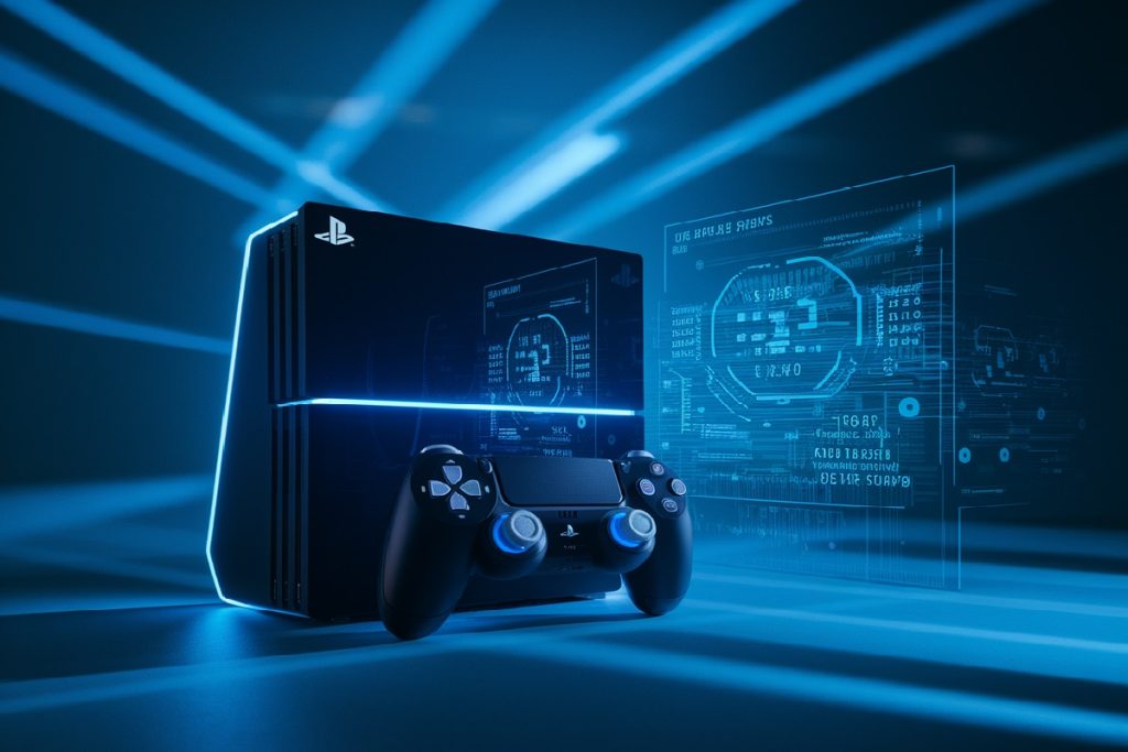 Une Playstation 6 Sony avec sa manette de jeu, devant un écran de contrôle d'une stratégie marketing